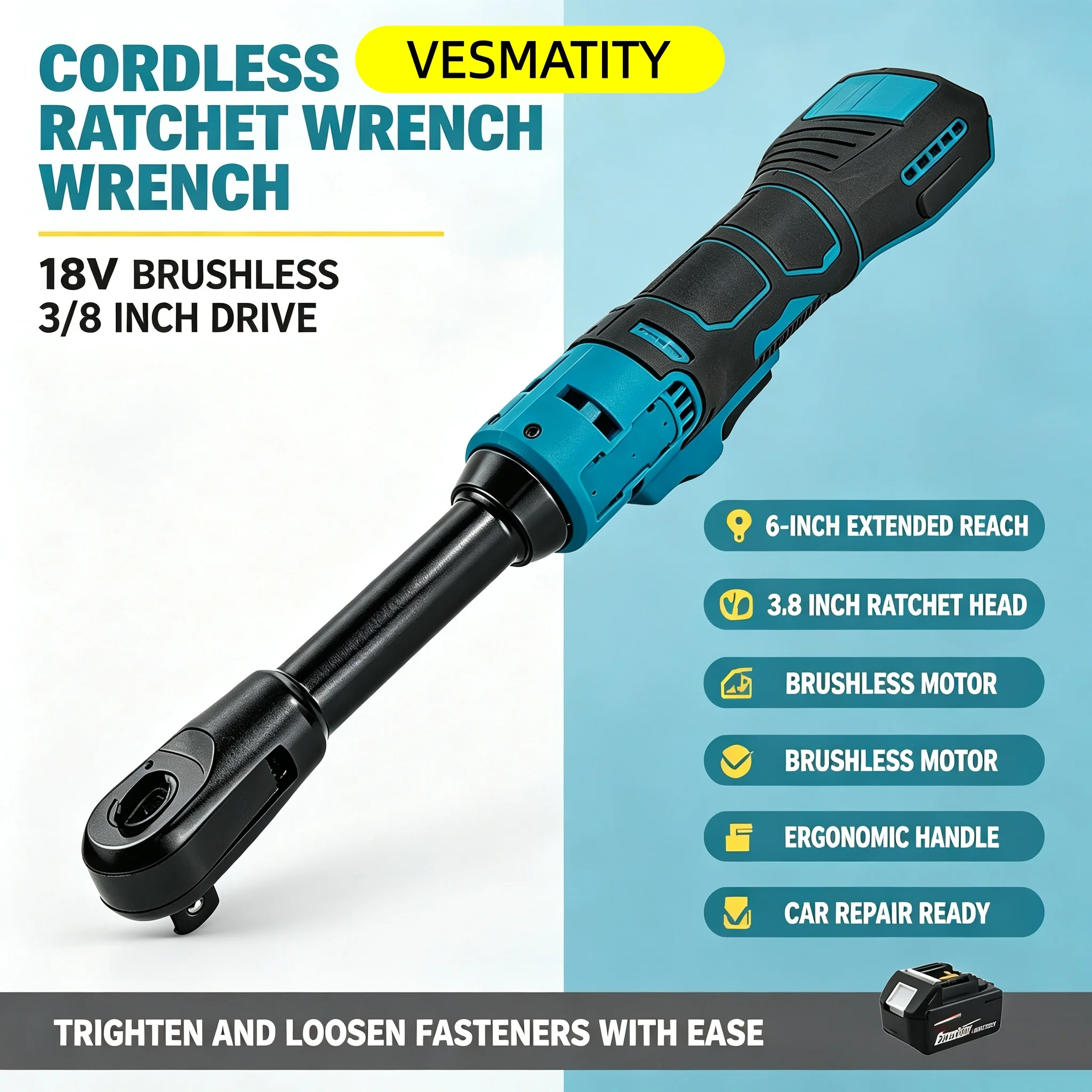 Ratchet Wrench VESMATITY Cordless 220N.m 3/8 Inch Extended Head Removal Screw Nut Driver Power Tool Elite for 18V-20V Battery
