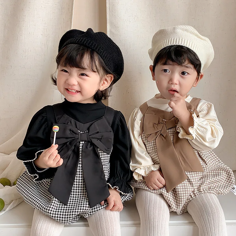 2024 Spring Autumn Newborn Baby Girls 2PCS Clothes Set Houndstooth Knotbow Strappy Romper Solid Tops Suit Infant Girls Outfits