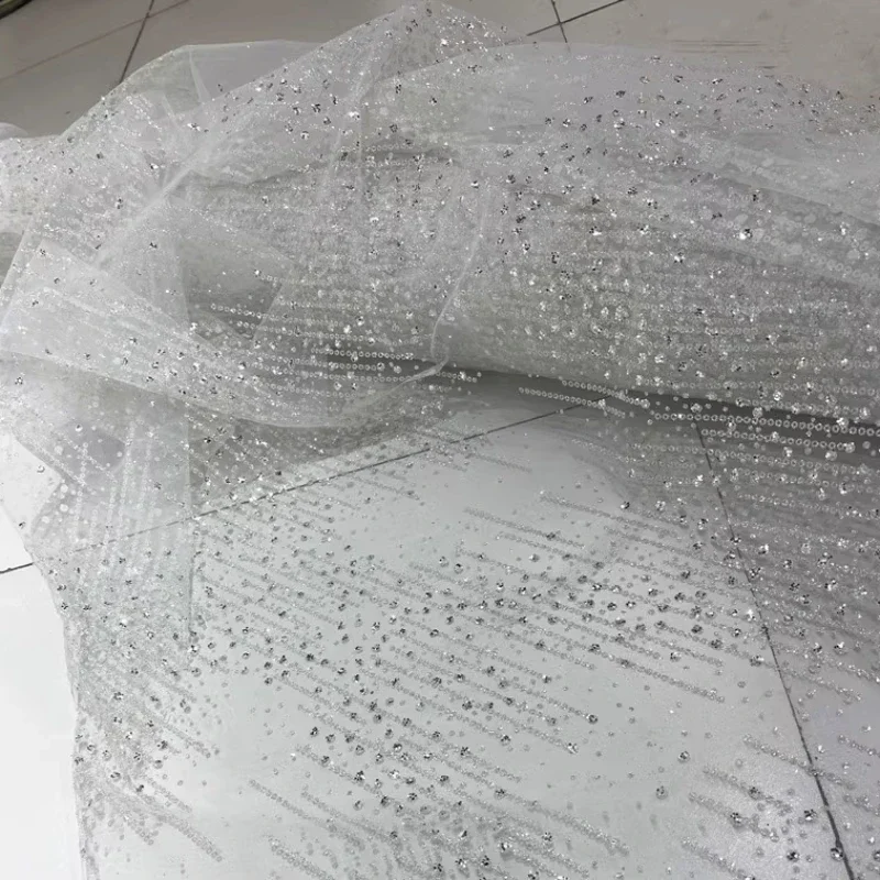 Vertical Stripe Lace Fabric with Silver Glitter  Sequin Shiny DIY Material for Wedding Dresses Evening Gowns  Formal Sewing