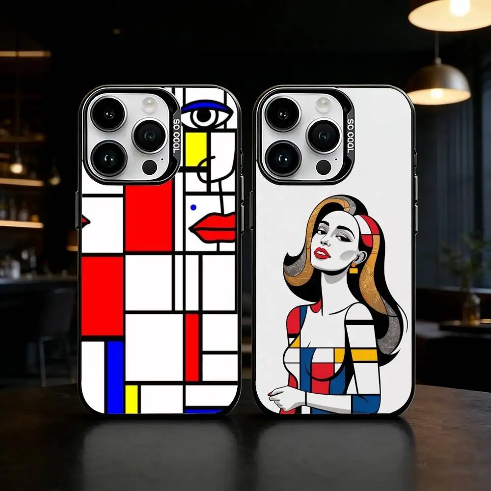 

Mondrian-Bauhaus Abstract Shapes Phone Case For iPhone 17 16 15 14 13 12 11 Pro Max Plus Silver Matte Black Cover