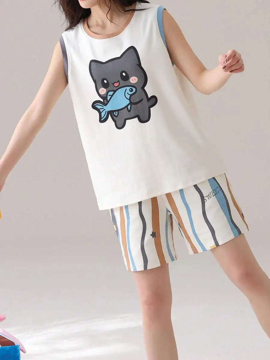 Women Casual Cartoon Cat And Fish Print Sleeveless Top And Striped Shorts Pajama Set