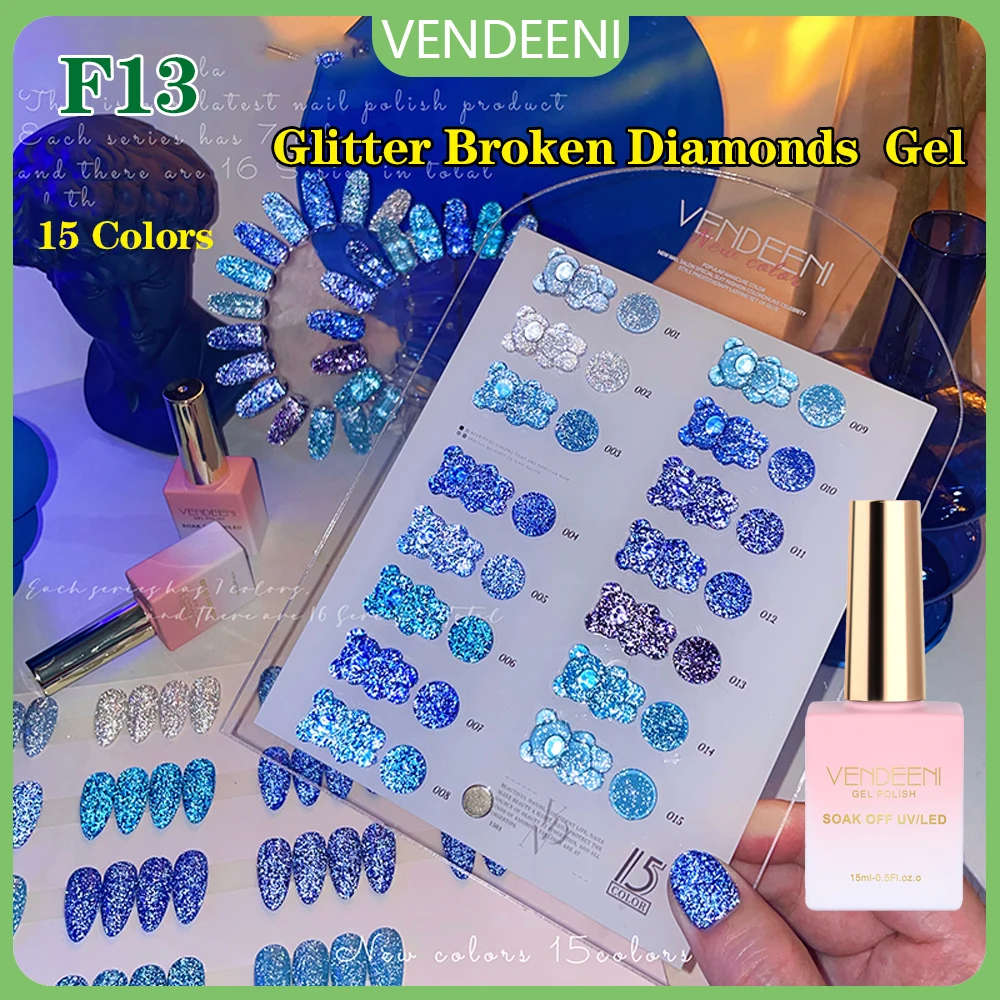 Vendeeni 15 Colors/set Reflective Glitter Gel Nail Polish Soak Off UV LED Blue Broken Diamond Sequin Nail Varnish 15ml