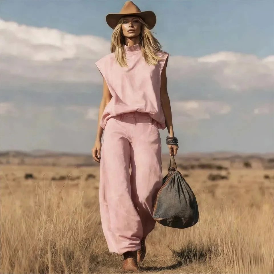 

Модный новый этнический комплект из замши: безрукавка и широкие брюки, женский повседневный свободный костюм из двух предметов