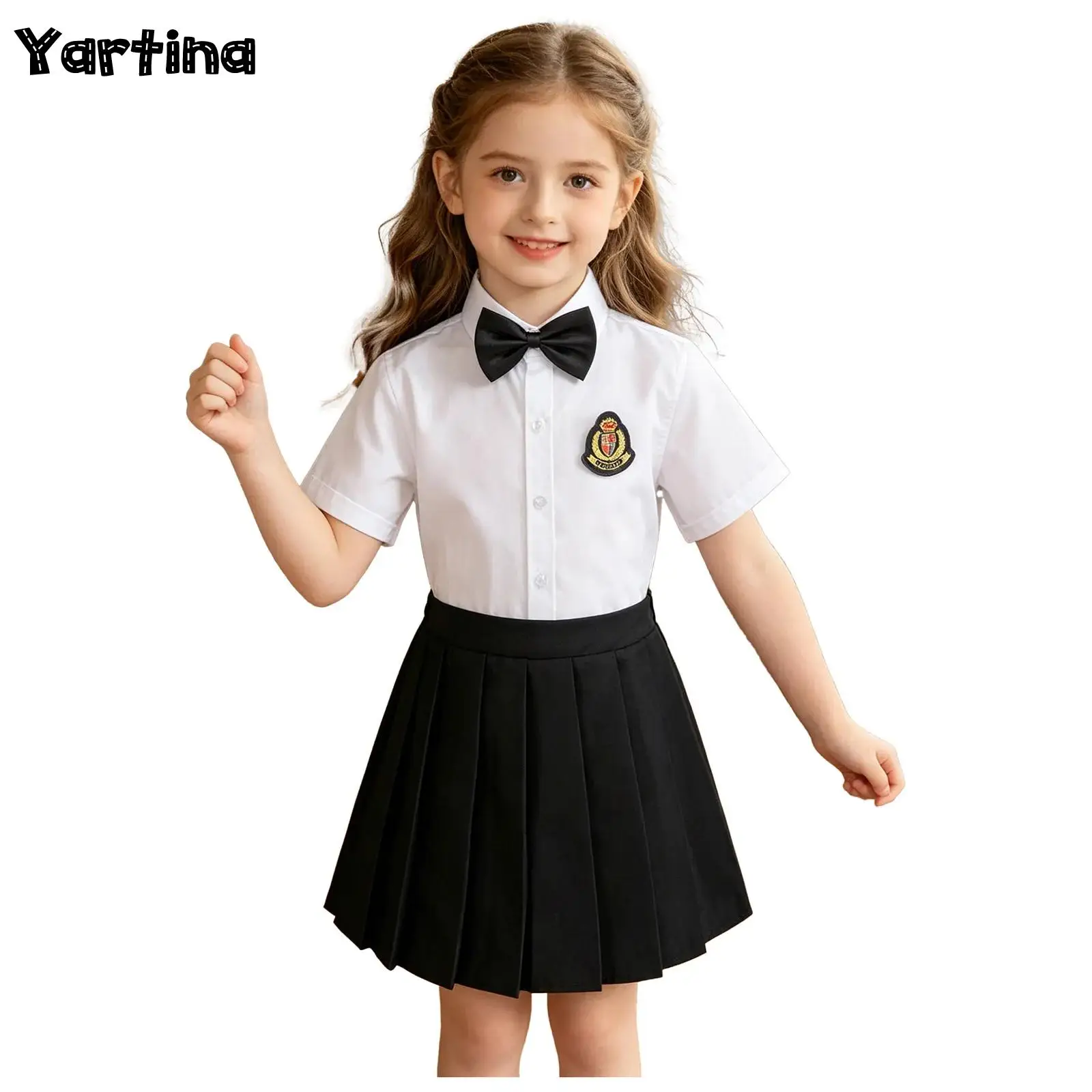 

Kids Girls Classic Preppy School Uniform Turn-down Collar Short-sleeve Button Shirt with Pleated Skirt Badge And Bow-tie