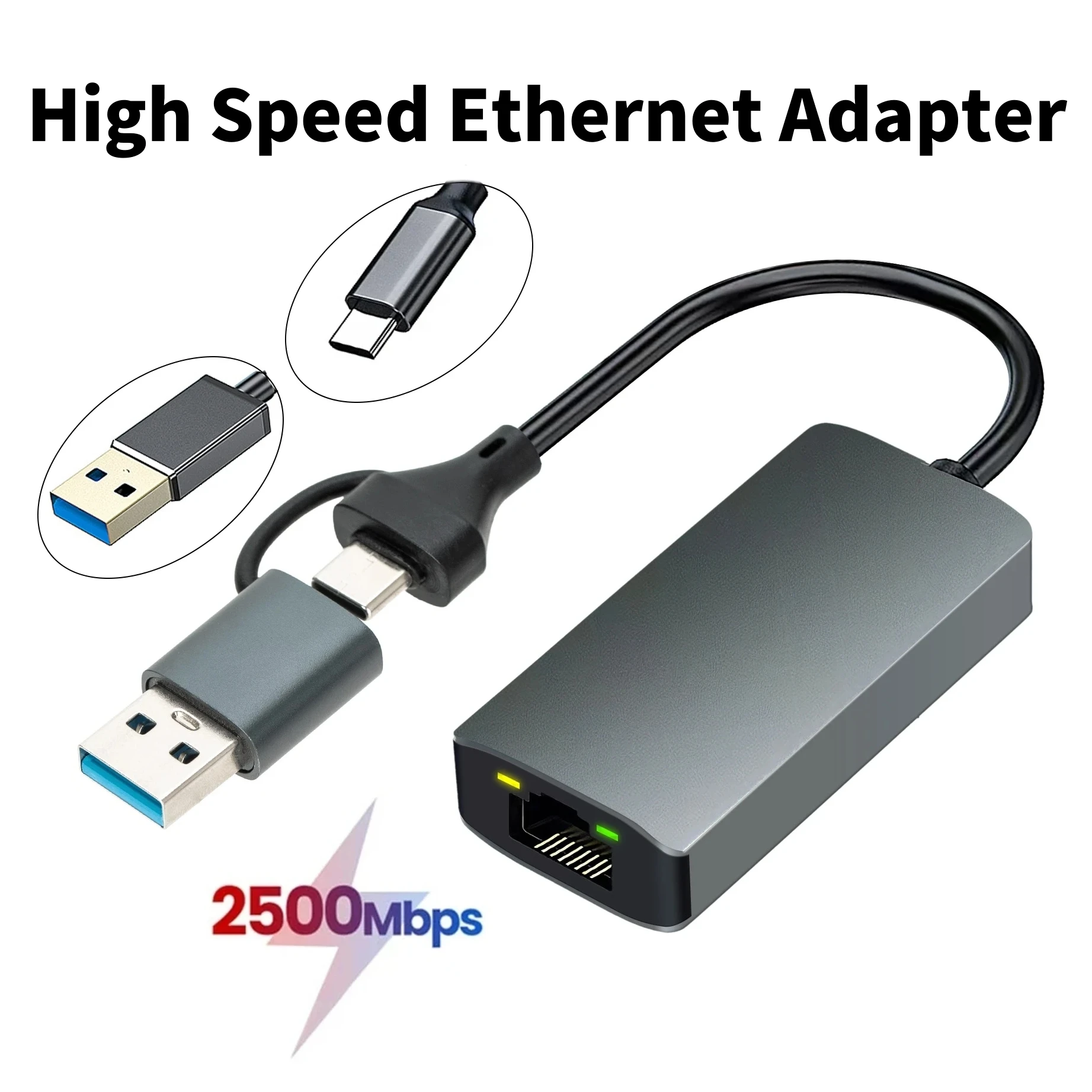 

2500Mbps USB3.2 to Ethernet Adapter Thunderbolt3 Type-C To RJ45 LAN 2.5Gbps/1Gbps Gigabit Network Card for NAS Laptop PC Gaming
