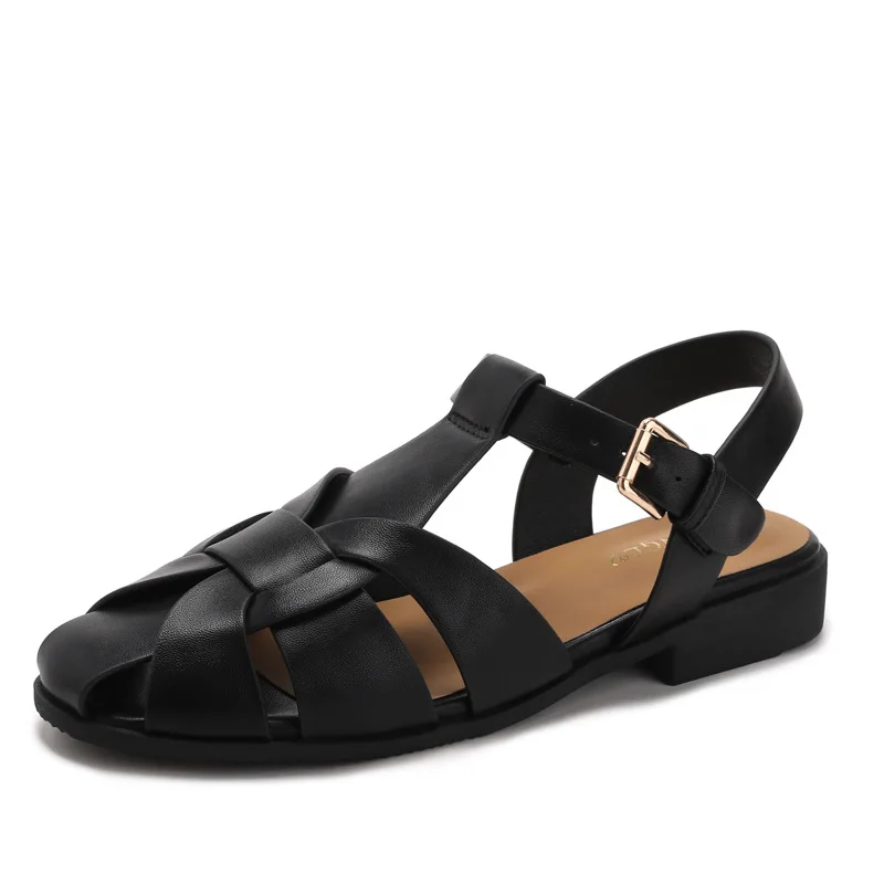 

2026 Summer Fashion Solid Color Baotou Weaving Sandals for Women Comfortable Small Thick Heel Flat Bottom Round Head Sandals