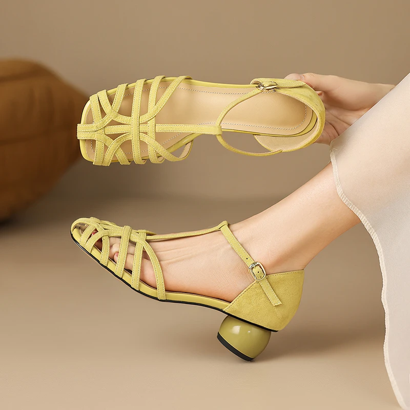 2026 new summer women sandals natural leather 22-25cm kid suede+sheepskin+microfiber cross-tied ankle-buckle women shoes fashion