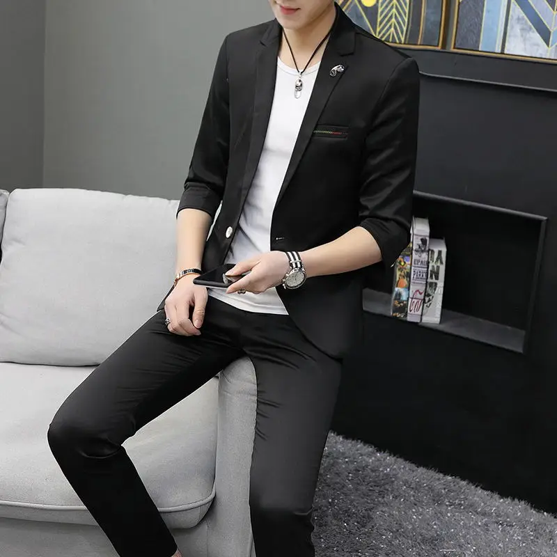 

Summer Men's ort Sve Slim Fit Korean Sle Seven Sve Outerwear Casual Thin Middle Sve Western Suit Youth Vitali ...