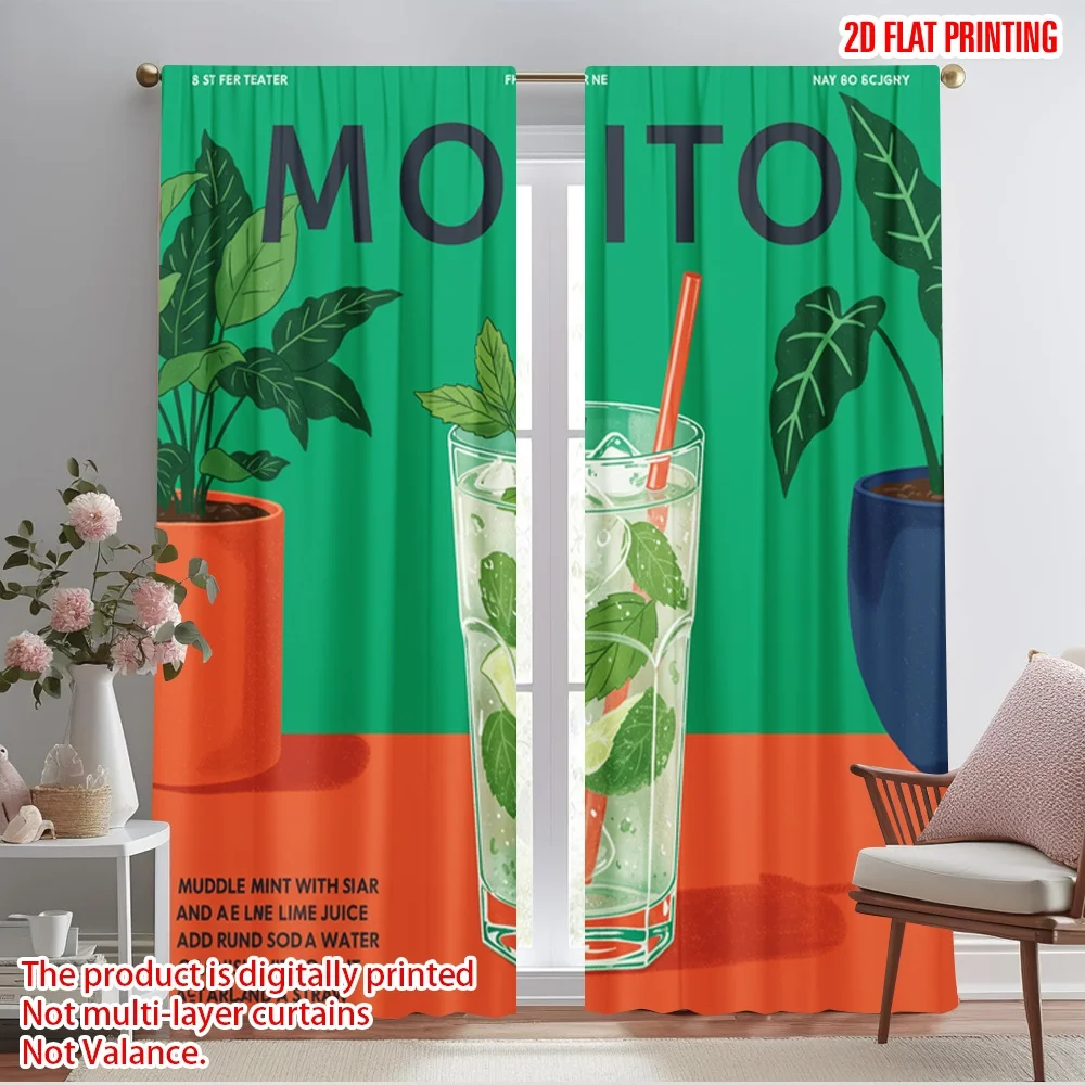

2pcs 2D flat printing Party Window Curtains Mojito Summer Drink Green Polyester Without Electricity Birthday Party for Home