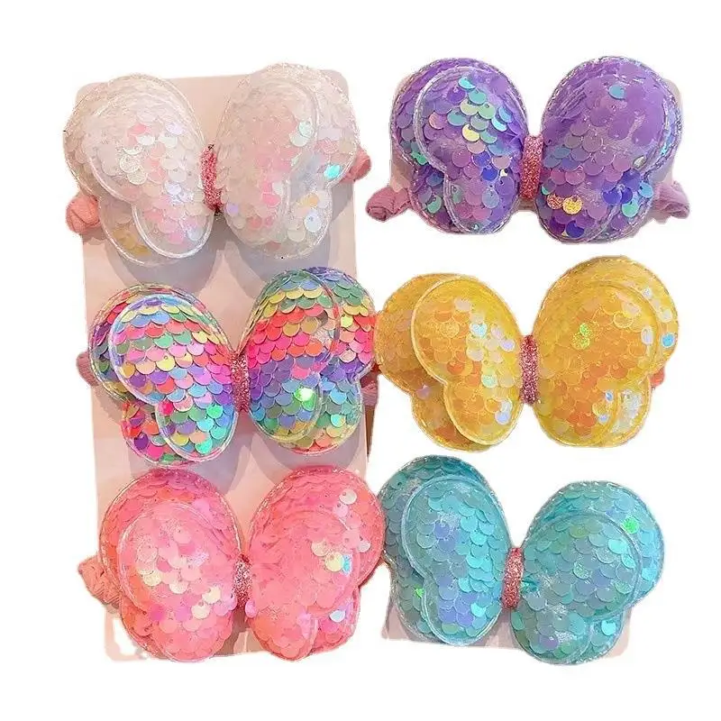 3PCS  Sequin Hair Rope Children Scrunchies Big Butterfly Tie High Ponytail Braid Girl Rubber Band Headwear Hair Accessories