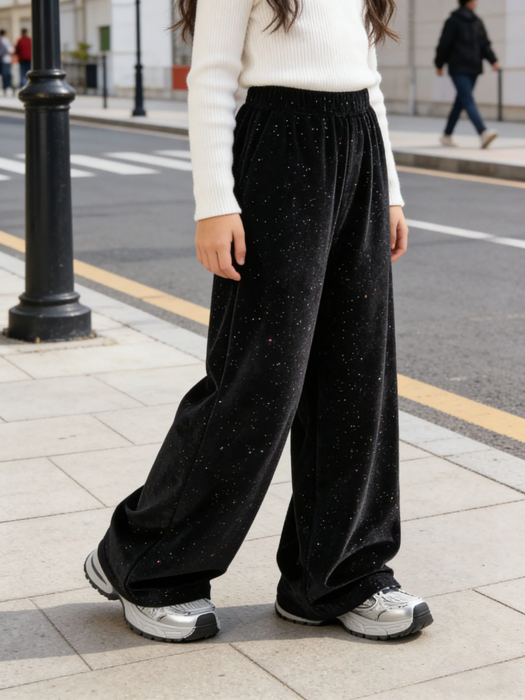 Girls' fashionable long pants for spring and autumn, girls' outdoor casual solid color bright face wide leg pants