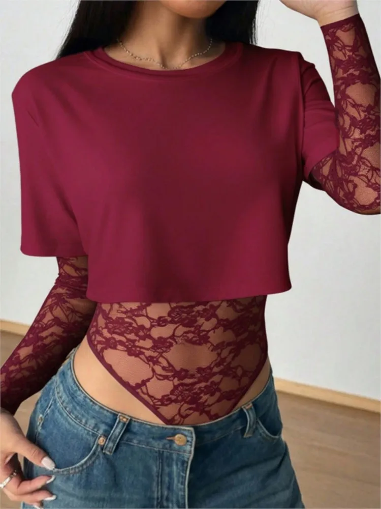 

Новый женский сексуальный укороченный топ + кружевное жаккардовое боди с длинными рукавами, облегающая уличная одежда, базовые облегающие футболки, летняя одежда