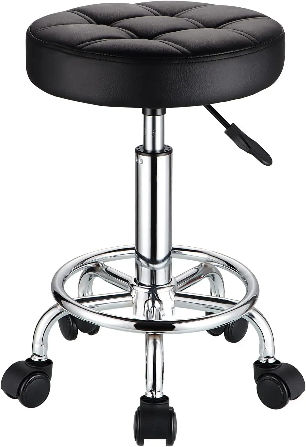 Round Rolling Stools PU Leather Seat Height Adjustable Swivel Stool with Wheels Black