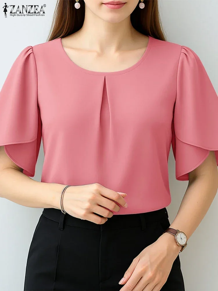 

Women Summer OL Work Blouse ZANZEA Elegant Short Petal Sleeve Tops Stylish Office Shirt Solid O Neck Tunic Blusas Mujer Femme