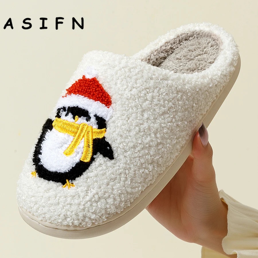 Winter Penguin Christmas Home Women\'s Slippers Cotton Cute Soft Comfortable Flat Slip-on Merry Christmas Bedroom Shoes for Gift