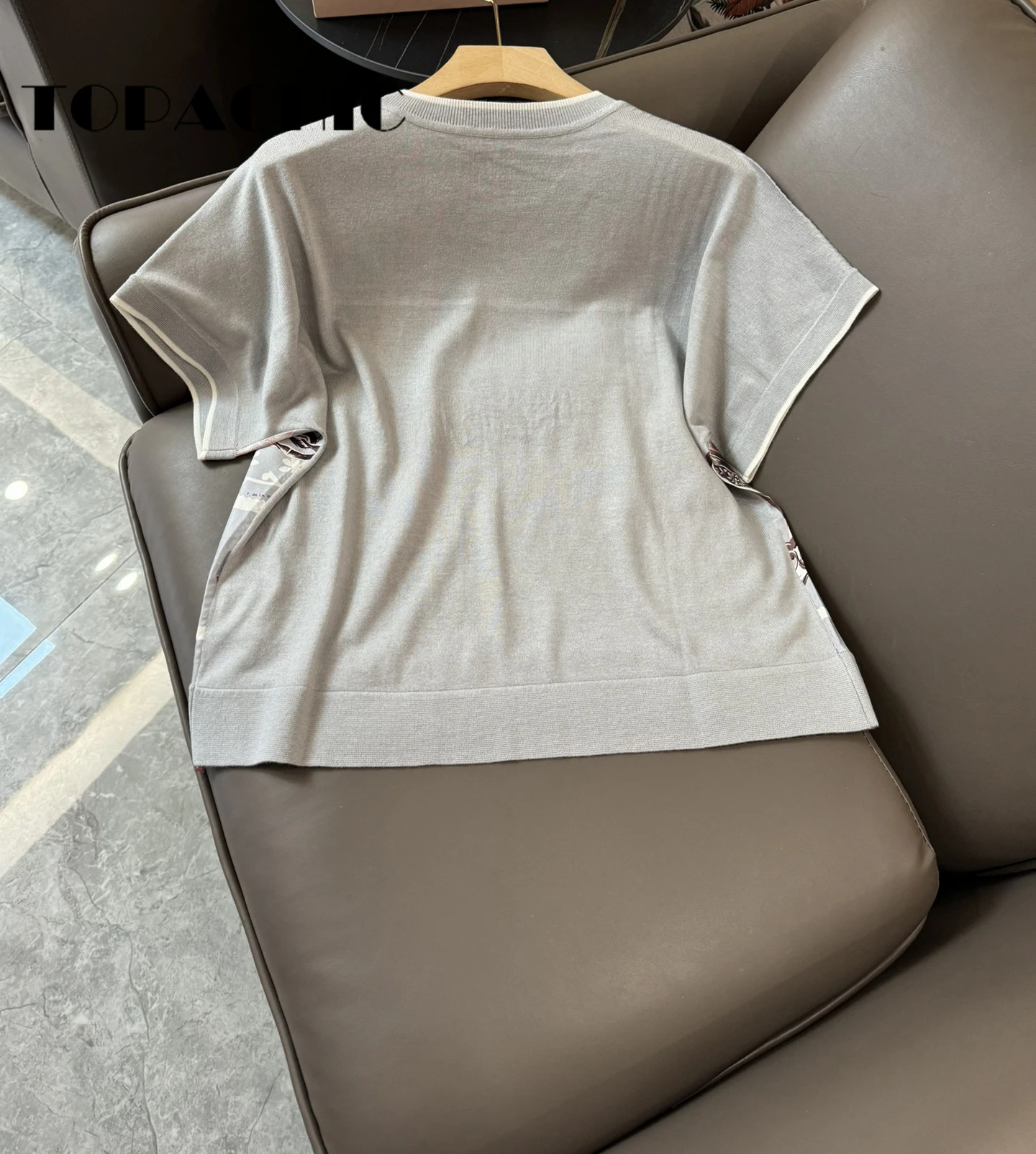 4.18 TOPACHIC Print Silk Spliced Wool Knit Short Sleeve T-Shirt Women Fashion Casual Loose O-Neck Pullover Knitwear Top