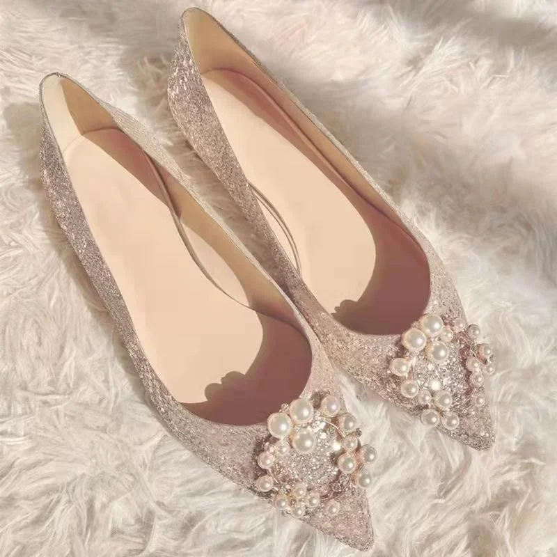Zapatos de boda con perlas para mujer, zapatos planos con purpurina dorada/plateada de lujo 33-44, zapatos de novia de talla grande con punta estrecha, zapatos Premium para mujer