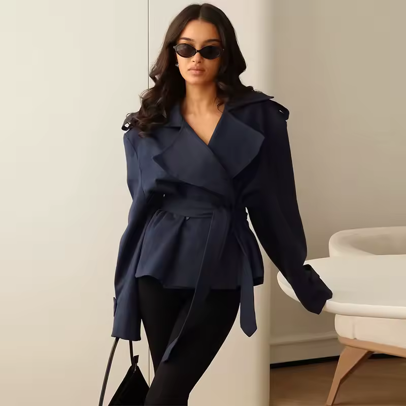F New Fashion Lace up Cropped Trench Coat Women Lapel Long Sleeves Wide Shoulder Windbreaker Jacket Fall Commuting Daily Jackets - Image 10