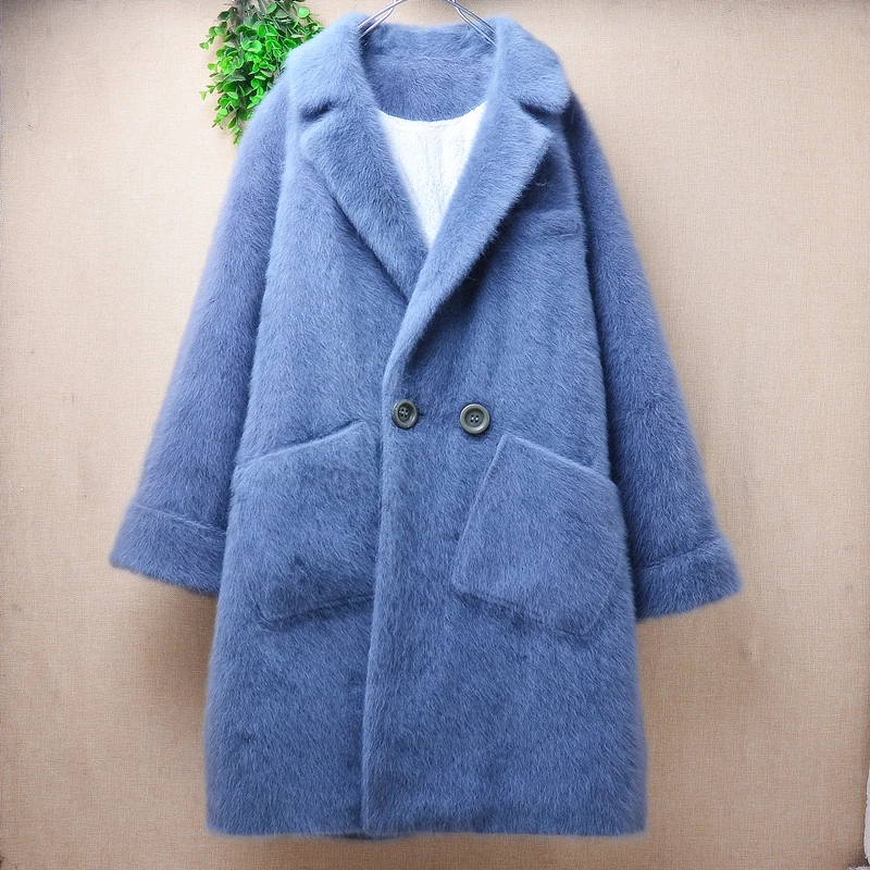 

Female Women Fall Winter Thick Warm Hairy Mink Cashmere Knitted Long Sleeves Suit Collar Loose Long Sweater Cardigans Coat Pull