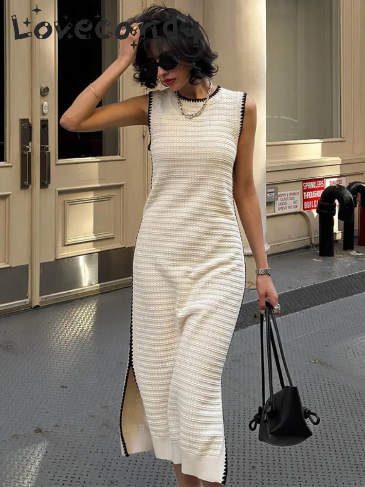 

Elegant Side Stitching Knitted Straight Long Dress Fashion O Neck Sleeved Splited Slim Dresses Summer Lady Commute Street Robes