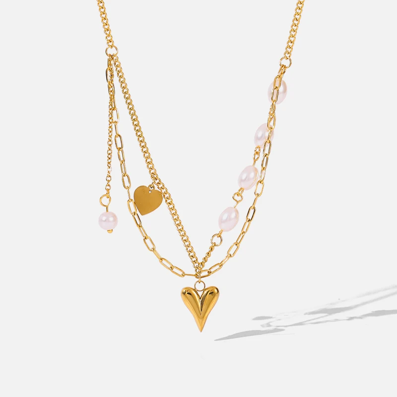 GANEMLY 316L Stainless Steel Heart Love Pendant Necklace For Women Fashion Pearl Neck Chain Waterproof Jewelry Gift Collar