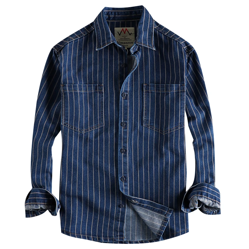 2023 Spring New American Retro Denim Cargo Striped Shirt Men\'s Fashion Pure Cotton Washed Casual Loose Yonth Blouses Thin Jacket