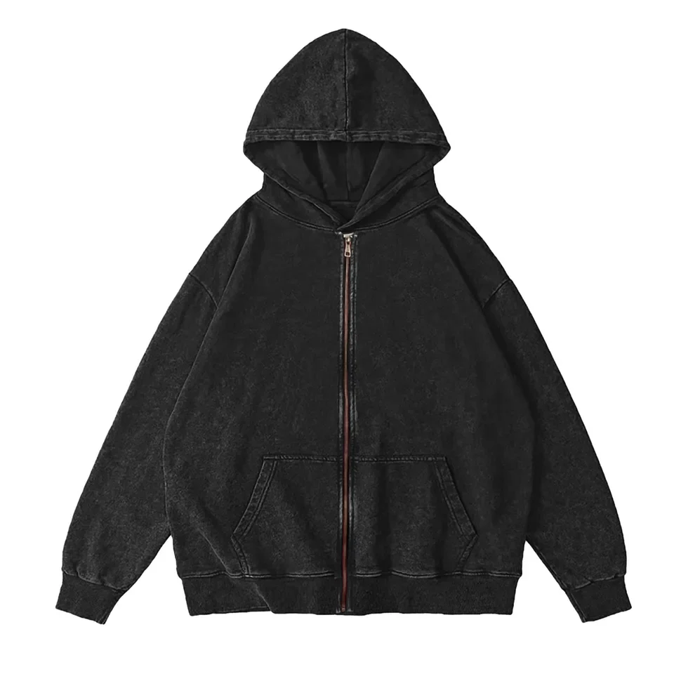 Retro Washed Distressed Zip Up Hoodies Coat Autumn Hooded Zipper Sweatshirts For Men And Women Loose Fit Tops Streetwear