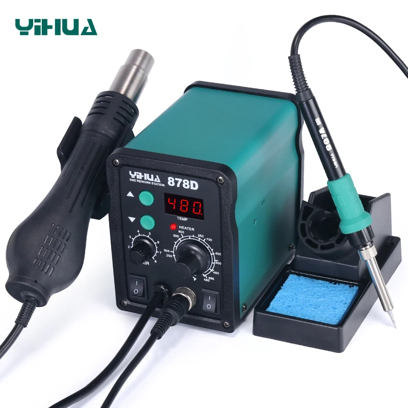 YIHUA 878D 2 في 1 مكافحة ساكنة درجة حرارة ثابتة شاشة ديجيتال مصلحة الارصاد الجوية مسدس هواء ساخن سبيكة لحام محطة لحام