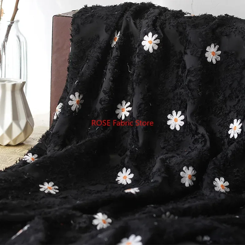 Daisy pattern Embroidered Tassel Chiffon flower Jacquard Fabric For Bridal dress, Girls dress, Evening dress,Costume Design