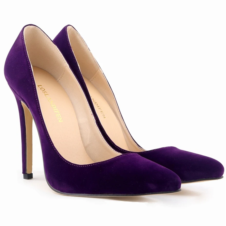 Macio rebanho rasa moda sapatos de salto alto bombas femininas outono dedo do pé pontiagudo senhora trabalho roxo vermelho stiletto feminino sapatos