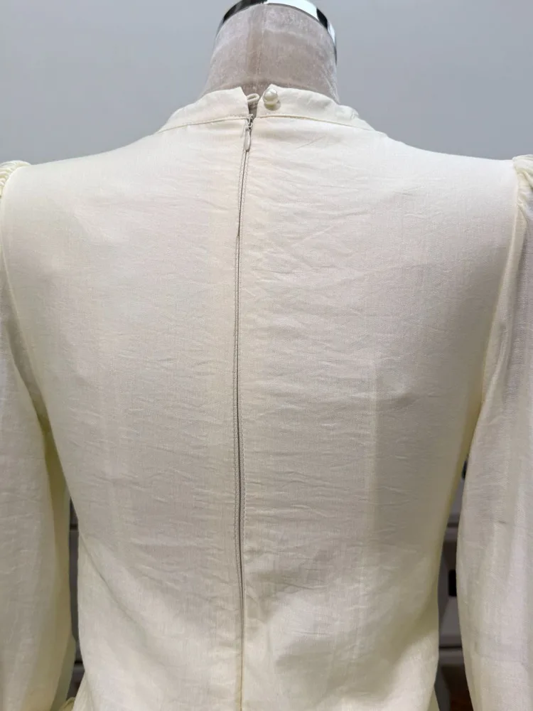 DFDG 2025 Vestido feminino com babados em camadas, elegante, gola redonda, manga comprida, cintura, casual, primavera, outono, curto, emagrecimento, vestido de férias