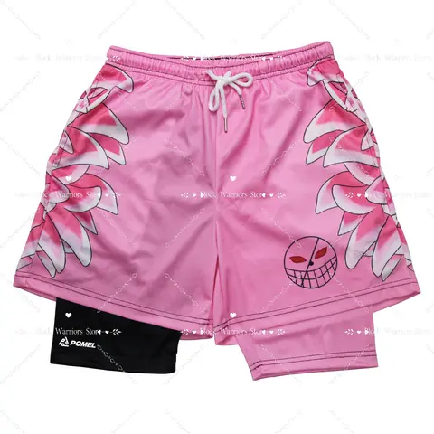 Pantalones cortos deportivos 2 en 1 de dos capas para gimnasio corto de Anime para hombre, pantalones para correr para deportes al aire libre, absorbentes del sudor, de secado rápido y transpirables