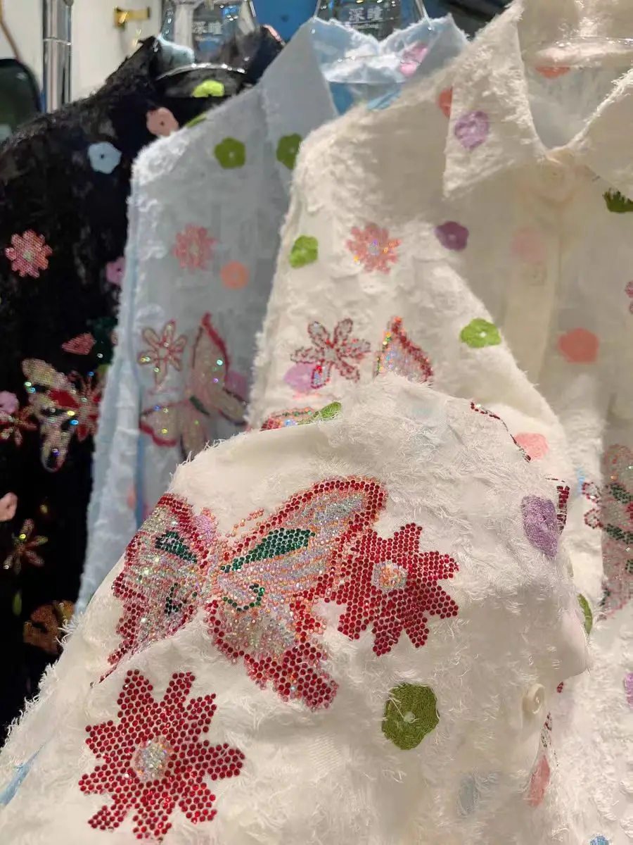 

Trend 2025 Spring Summer Sequined Hot Drilling Loose Casual Shirts for Woman Mid-length Sparkle Y2K Blouses Ladies Top Blusas