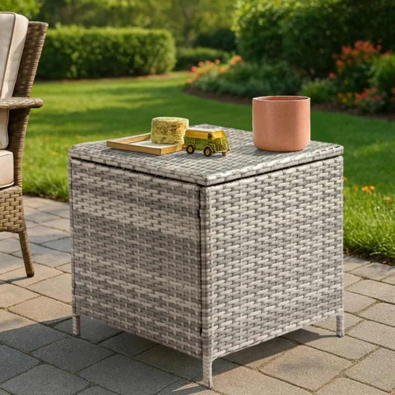 

Outdoor PE Wicker Side Table with Storage, Patio Rattan End Table Square Container for Furniture Covers, Toys and Gardening Tool