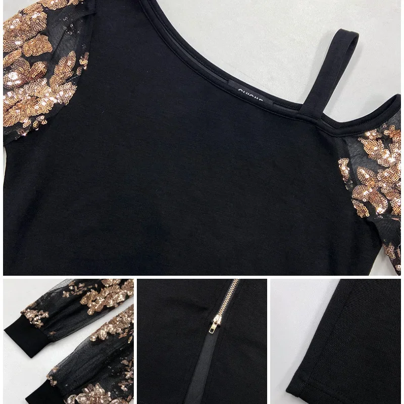 Bodycon Dress Zip Up Floral Pattern Contrast Sequin Cold Shoulder Sheer Mesh Patch Midi Dress