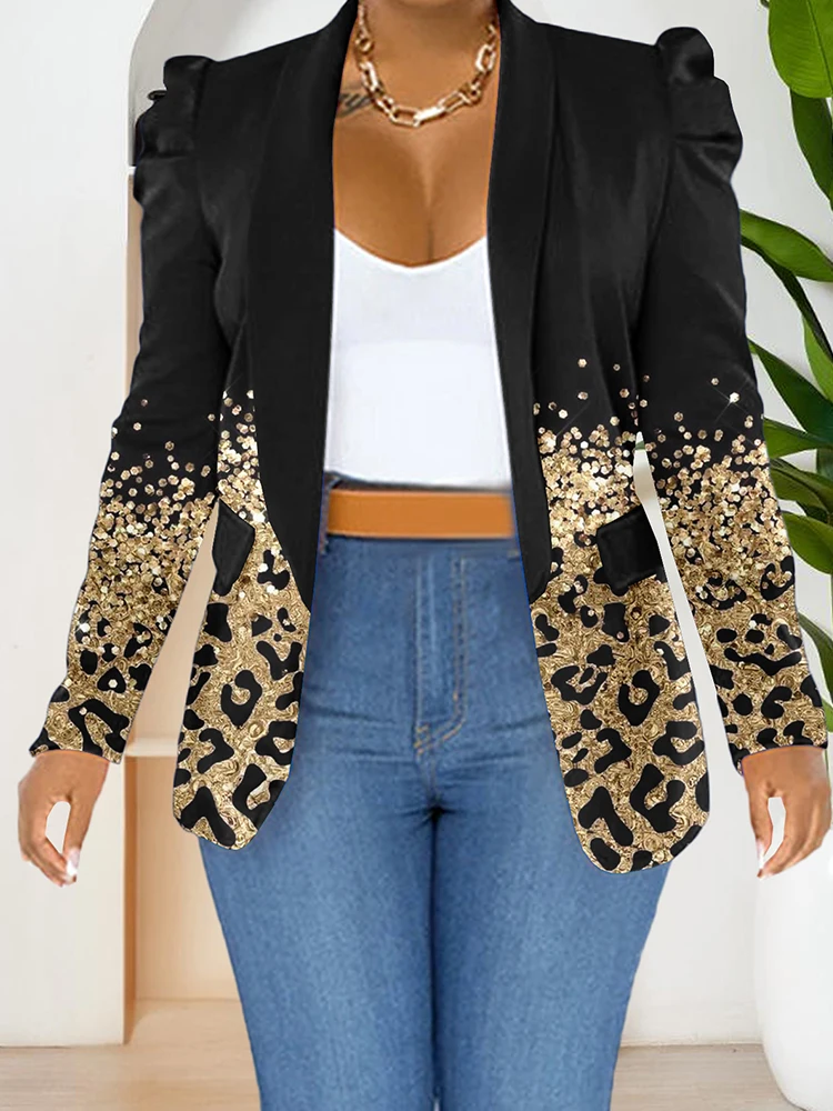 

Classic Leopard Print Puff Sleeve Blazer