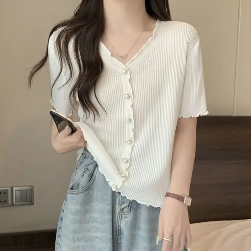 plus Size Women's T-Shirt Fashionable Short Sleeve Wooden  Trim Slimming Summer Top Elegant Shoulder Length Cover Belly
