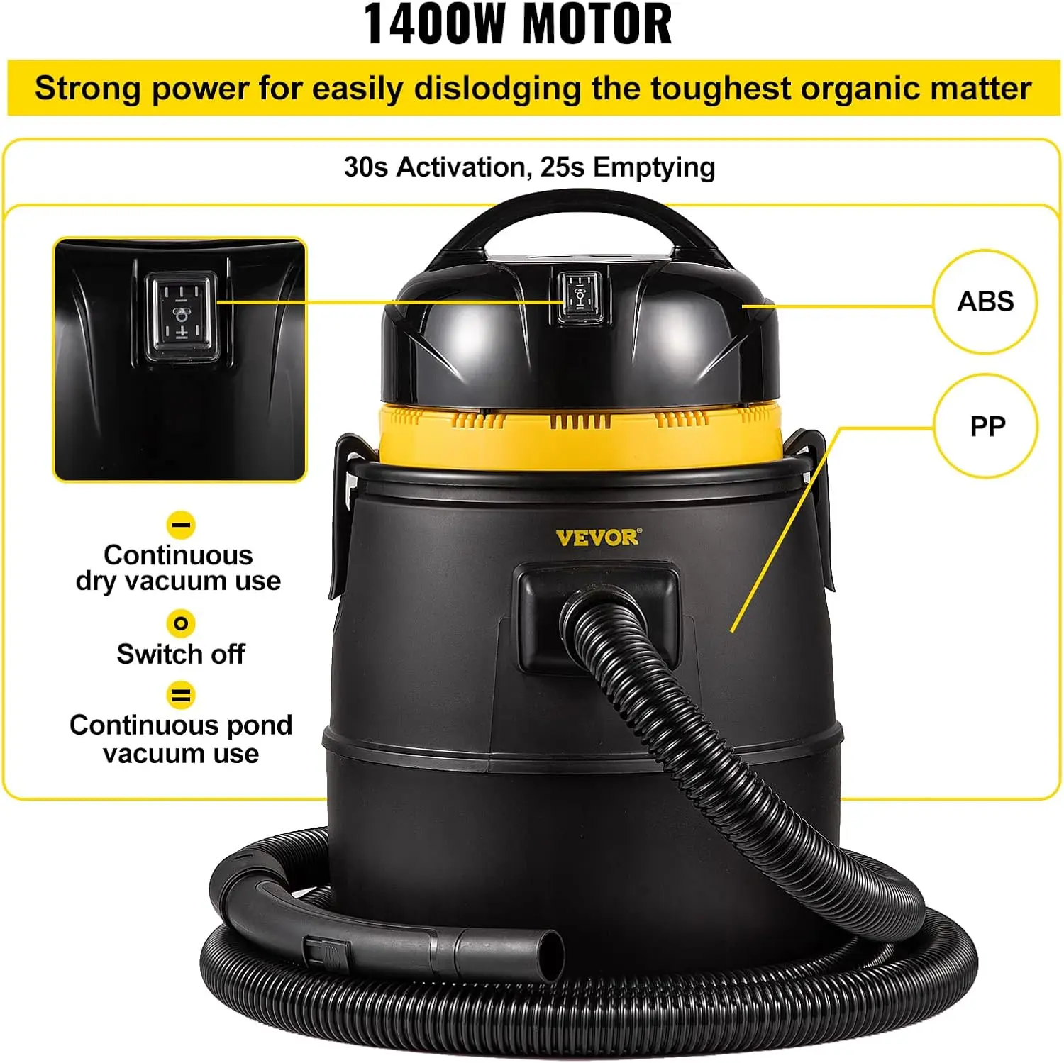 Teichstaubsauger 1400 W Motor im kontinuierlichen intermittierenden Zyklus 120 V Motor mit 15 Fuß elektrischem Kabel 4 verlängerten Röhren