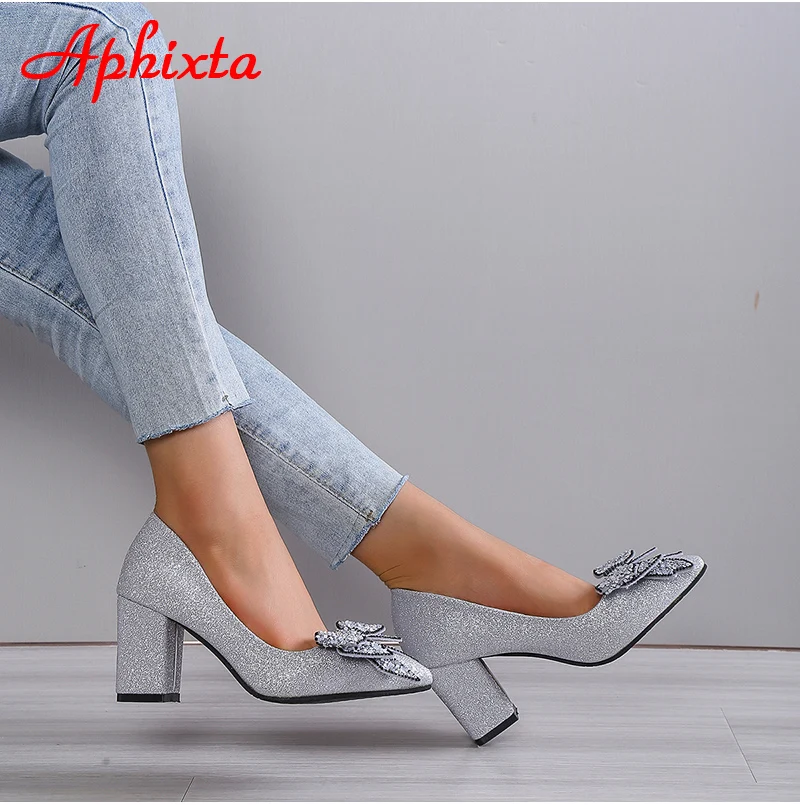 Aphixta New Appliques 7cm Square Heel Shoes Women Pumps Bling Butterfly-knot Flowers Officile Pointed Toe Super Big Size 49 50