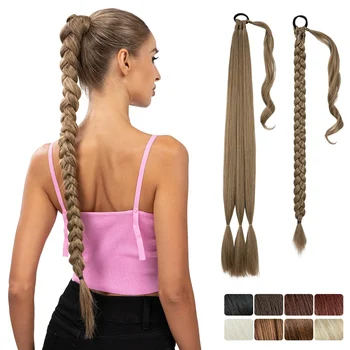 Rabo de cavalo trançado longo sintético, Extensões de cabelo, Tranças De Boxe, Envolva a cauda Chignon com elástico