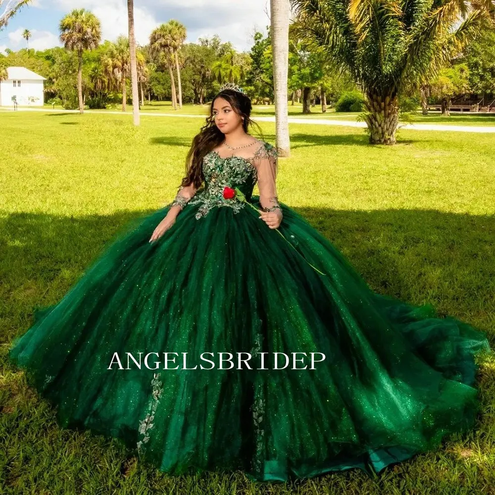 Angelsbridep มรกตสีเขียวแขนยาวคริสตัลชุดไปงานเต้นรำ Quinceanera ชุด3D ดอกไม้ Appliques เจ้าหญิงหวาน16 Vestidos De Xv