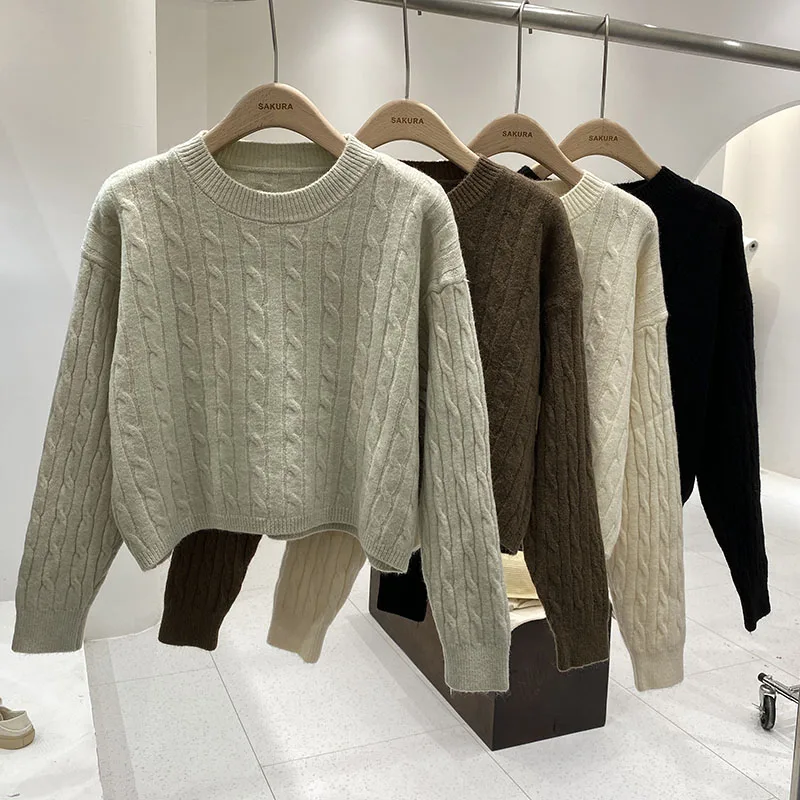 

Simple Loose Long Sve Knitted Sweater Women's Autumn Winter een Color Blo Lazy Sle Faionable Versatile round Ne