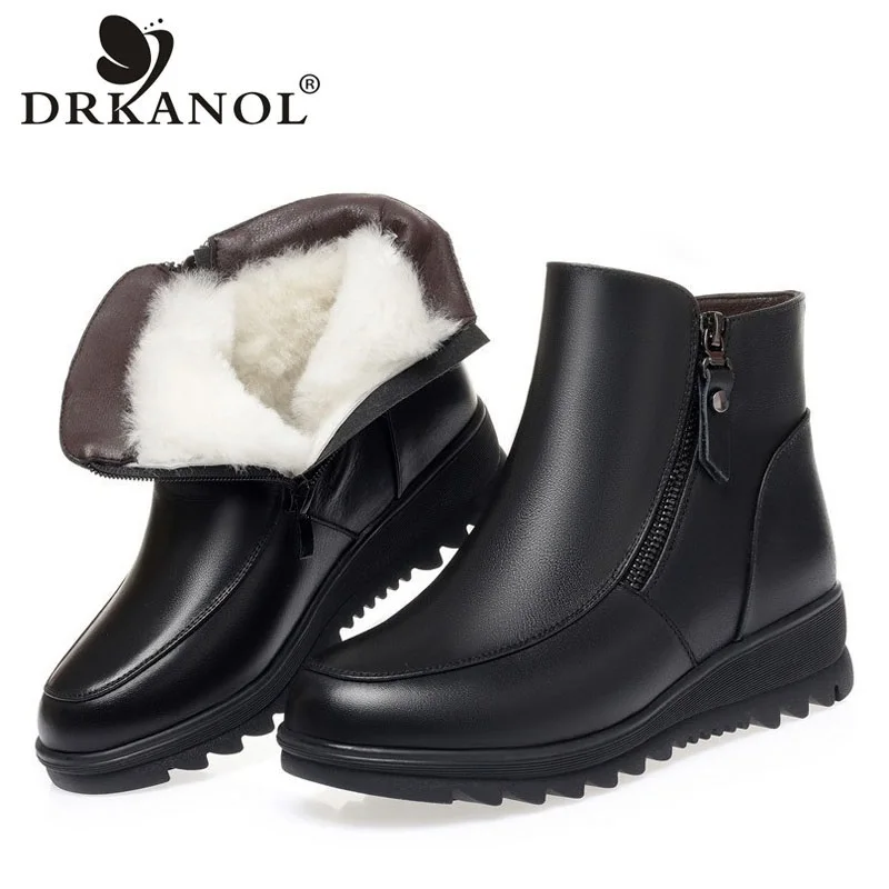 DRKANOL 2024 Women Snow Boots 100% Natural Wool Real Cow Leather Mid Wedges Heel Zipper Shearling Fur Warm Ankle Boots Big Size