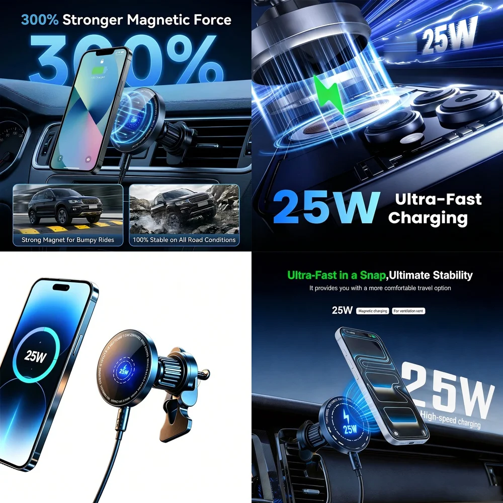 Soporte Magnético para Teléfono con Ventilación de Aire, Cargador Inalámbrico para Auto de 25W, Superrápido para iPhone 17, 16, 15, 14, 13, 12 Series Pro Max, Carga Inteligente