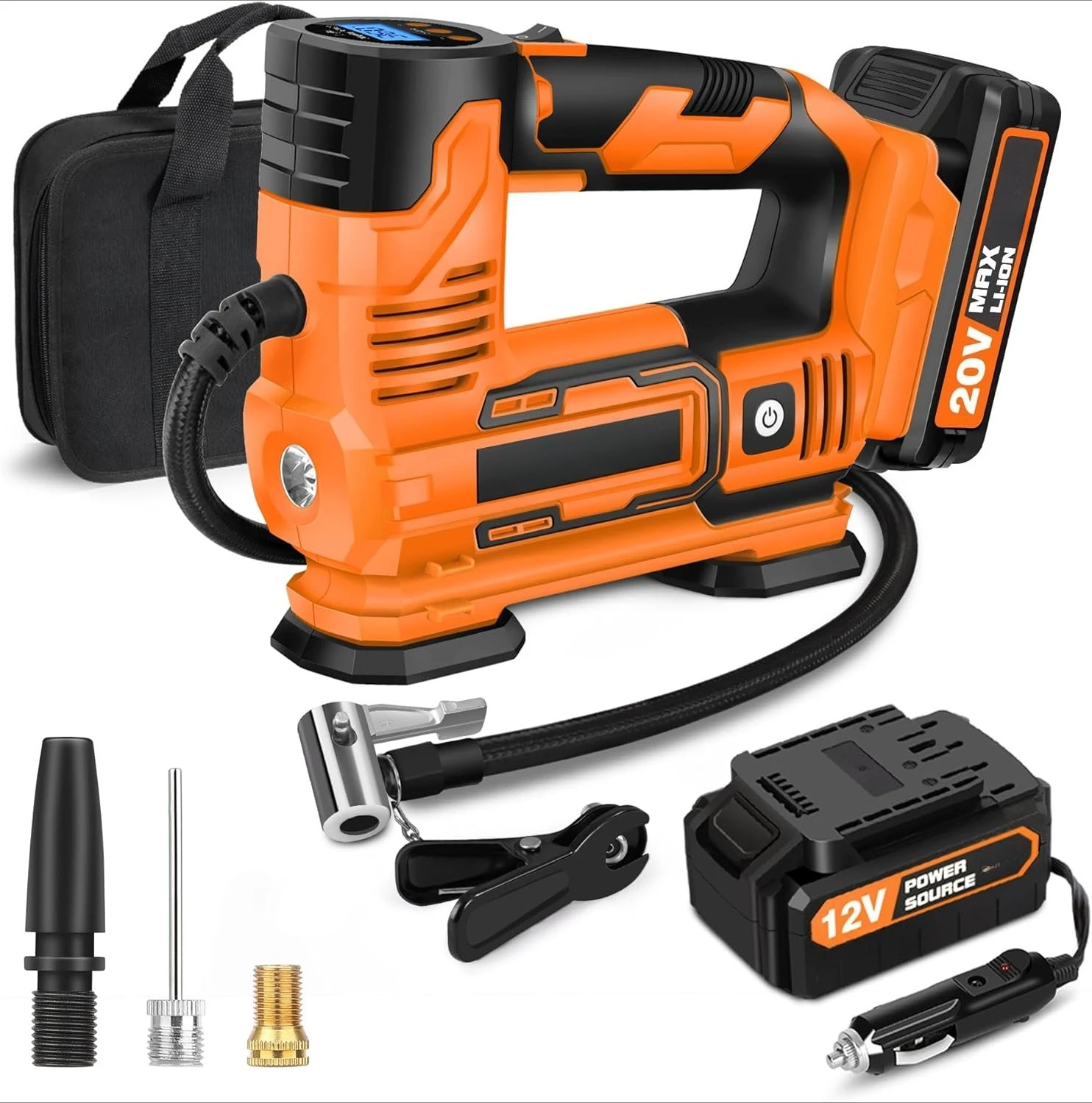 タイヤインフレーター ポータブルエアコンプレッサー、20Vコードレスカーポンプ（充電式リチウムイオン電池付き）、12Vカーパワーアダプター、新登場