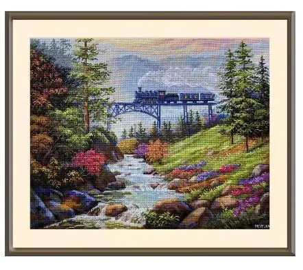 Counted Cross Stitch Kit, Beautiful Embroidery, Cross Stitch, Mountain Railway, Creek Scenery, Forest, Merejka, K-205