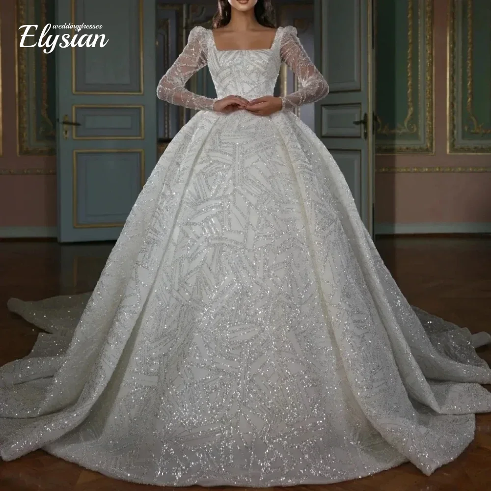 Customized luxury Ball Gown Square Neck Wedding Dress Sparkly Sequined Beading Long Sleeves Bride Gown Vestido De Novia