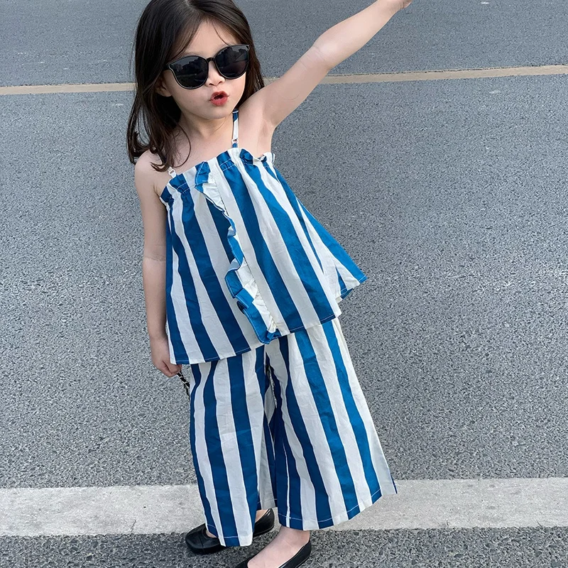 Summer Kids Baby Girls 2Pcs Fashion Clothes Set Striped Camisole Tops Nine-point Wide Leg Pants Outfits