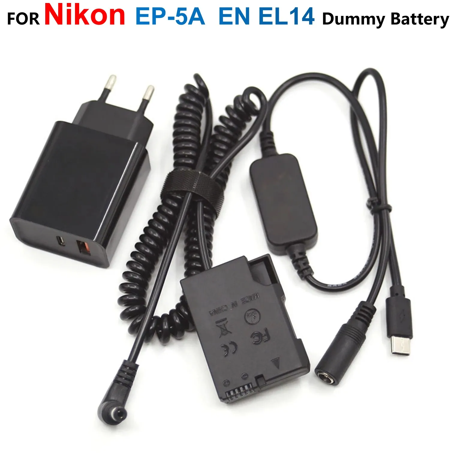 

EP-5A EN-EL14 Dummy Battery+USB Type-C Power Spring Cable+PD Charger For Nikon D3300 D3400 D5200 D5300 D5500 P7000 P7700 P7800