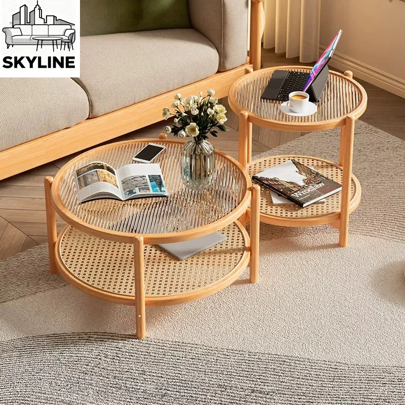 Rattan Glass Double Round Coffee Table, Japanese Solid Wood Side Table for Living Room